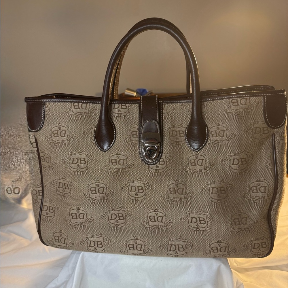 ! DOONEY & BOURKE Double Handle Signature Tan Canvas & Leather Trim Tote…
